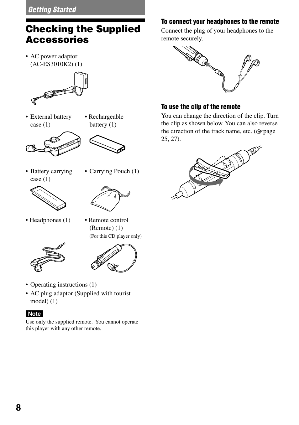 Getting started, Checking the supplied accessories | Sony NE830LS User Manual | Page 8 / 40