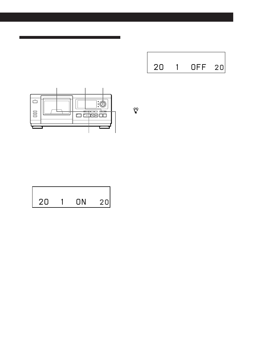 2 o 1 o n, 2 o 1 o f f, Storing specific tracks (delete bank) | Locating a scene or track you want | Sony CDP-CX55 User Manual | Page 25 / 28