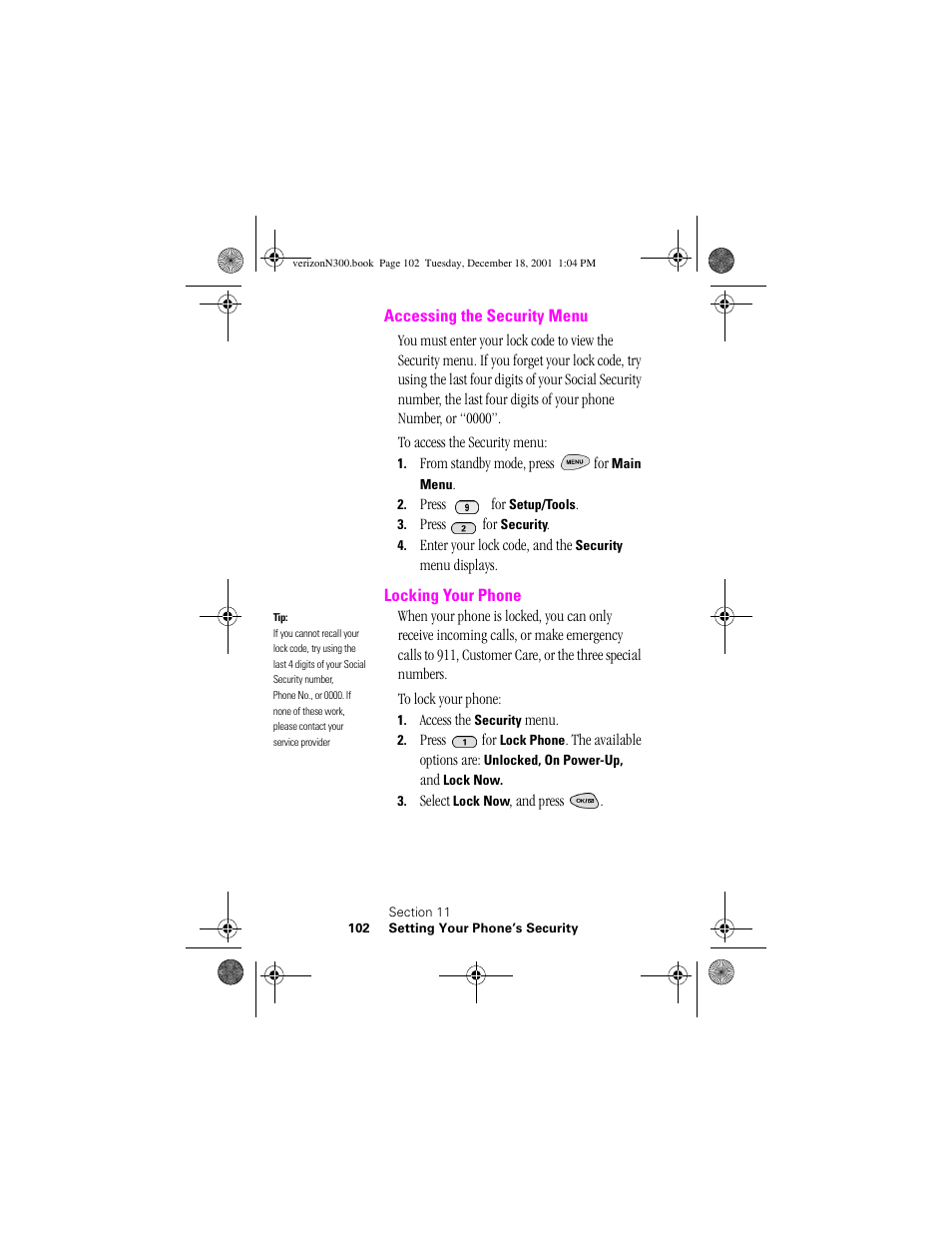 Heading 2 - accessing the security menu, Heading 2 - locking your phone, Accessing the security menu locking your phone | Samsung SCH-N300 User Manual | Page 102 / 198