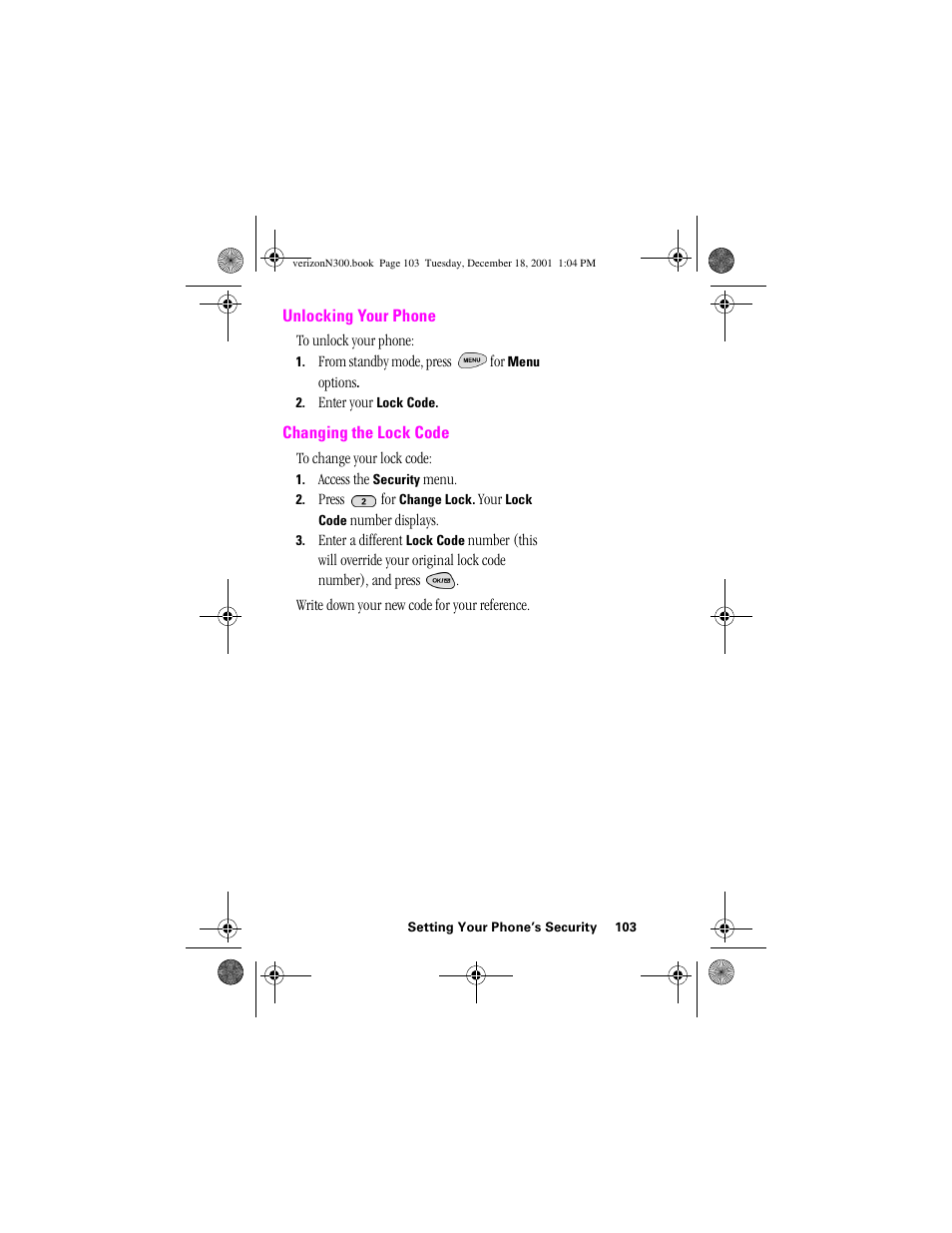 Heading 2 - unlocking your phone, Heading 2 - changing the lock code, Unlocking your phone changing the lock code | Samsung SCH-N300 User Manual | Page 103 / 198