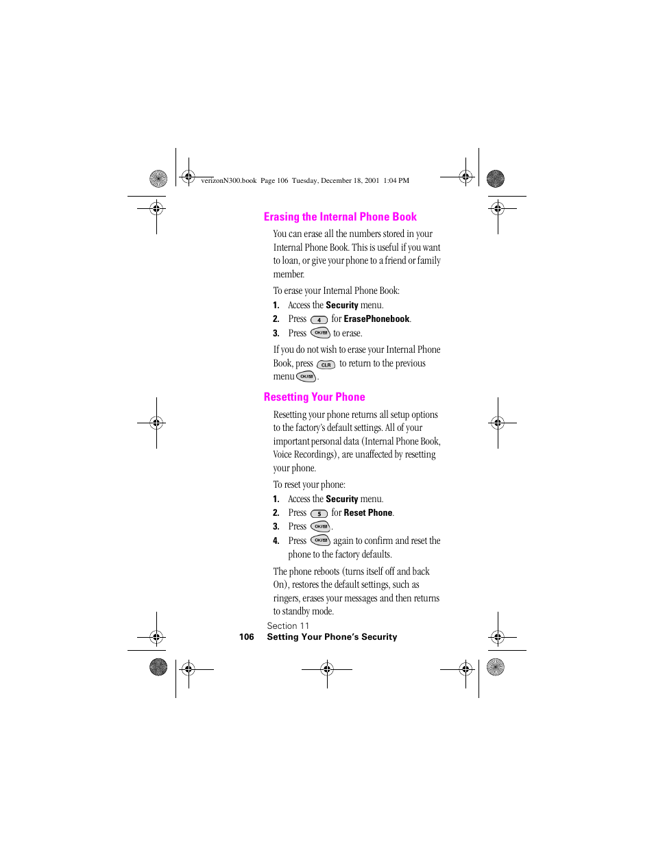 Heading 2 - erasing the internal phone book, Heading 2 - resetting your phone | Samsung SCH-N300 User Manual | Page 106 / 198