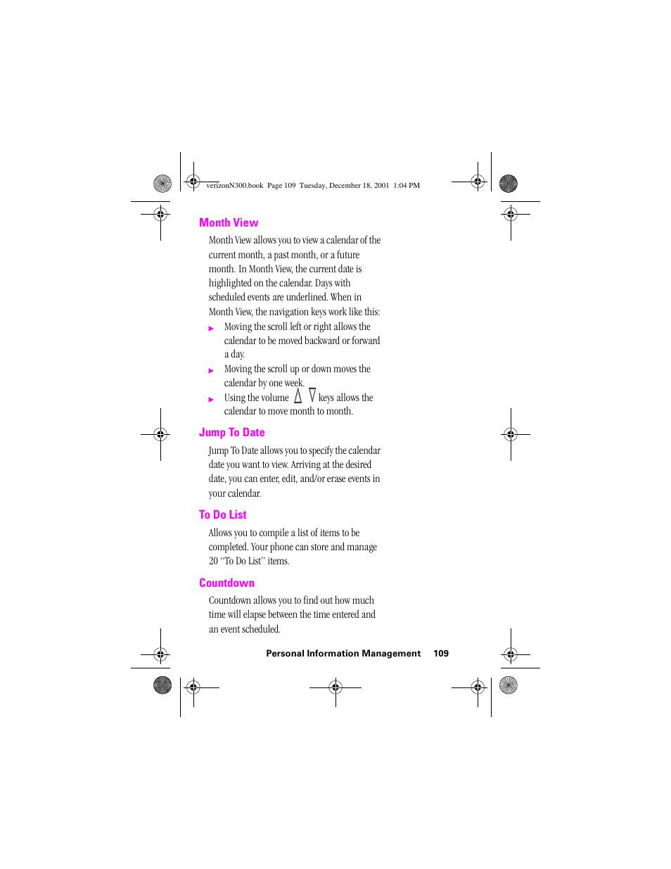 Heading 2 - month view, Heading 2 - jump to date, Heading 2 - to do list | Heading 2 - countdown, Month view jump to date to do list countdown | Samsung SCH-N300 User Manual | Page 109 / 198