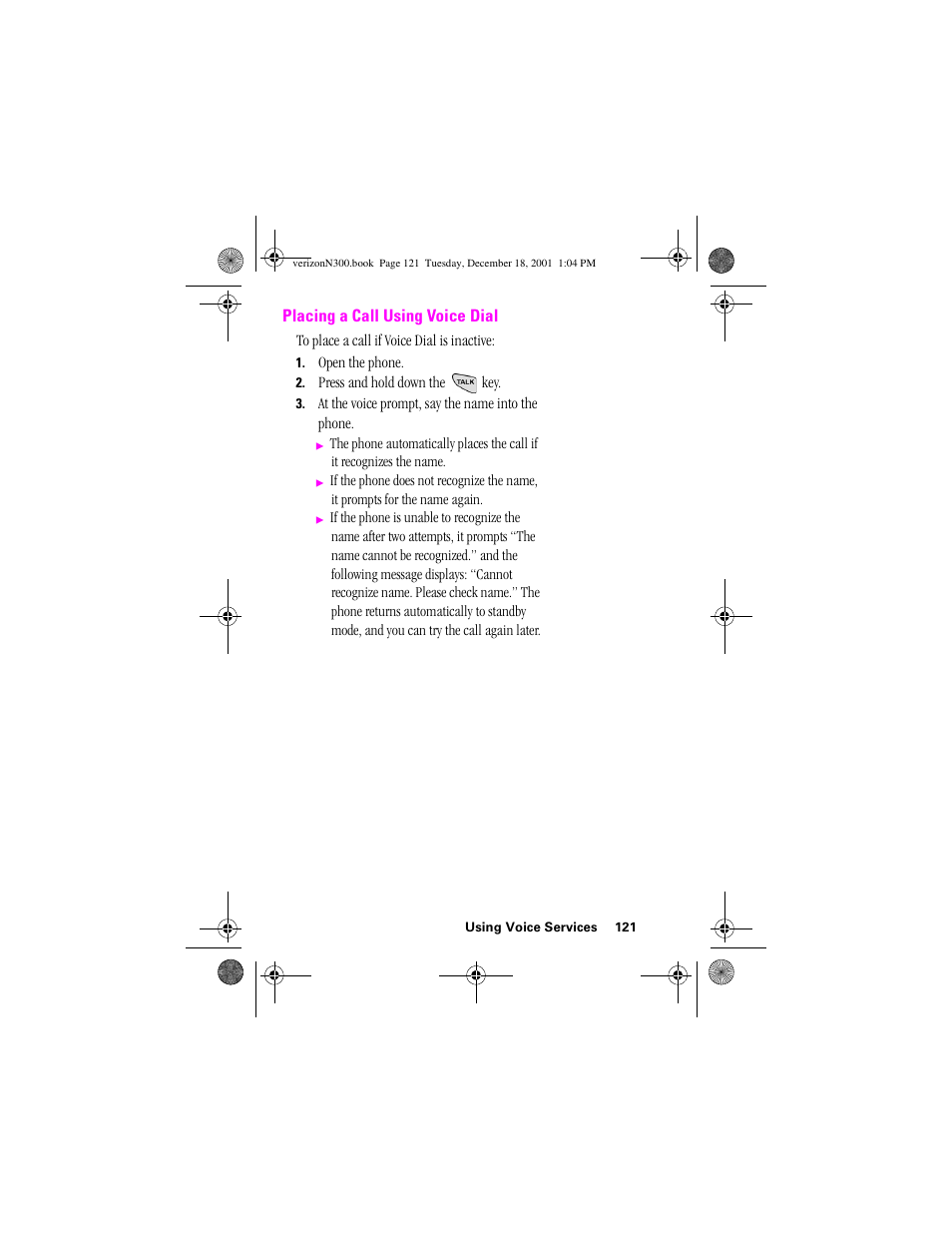 Heading 2 - placing a call using voice dial, Placing a call using voice dial | Samsung SCH-N300 User Manual | Page 121 / 198