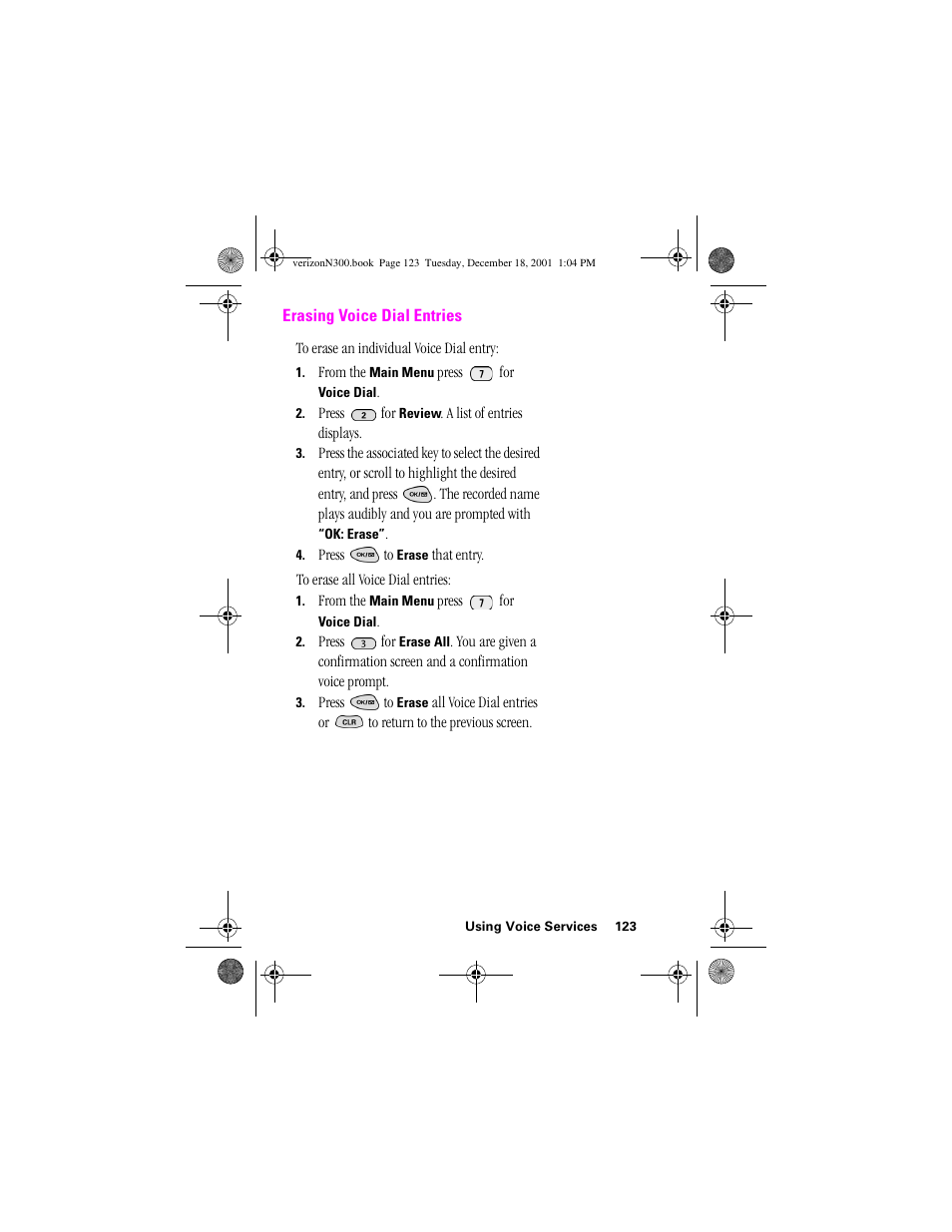 Heading 2 - erasing voice dial entries, Erasing voice dial entries | Samsung SCH-N300 User Manual | Page 123 / 198