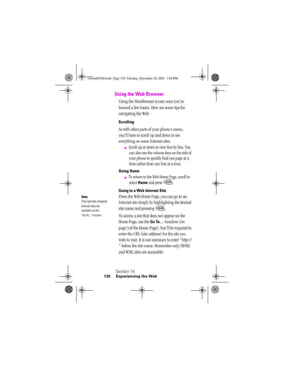 Heading 2 - using the web browser, Heading 3 - scrolling, Heading 3 - going to a web internet site | Using the web browser | Samsung SCH-N300 User Manual | Page 130 / 198