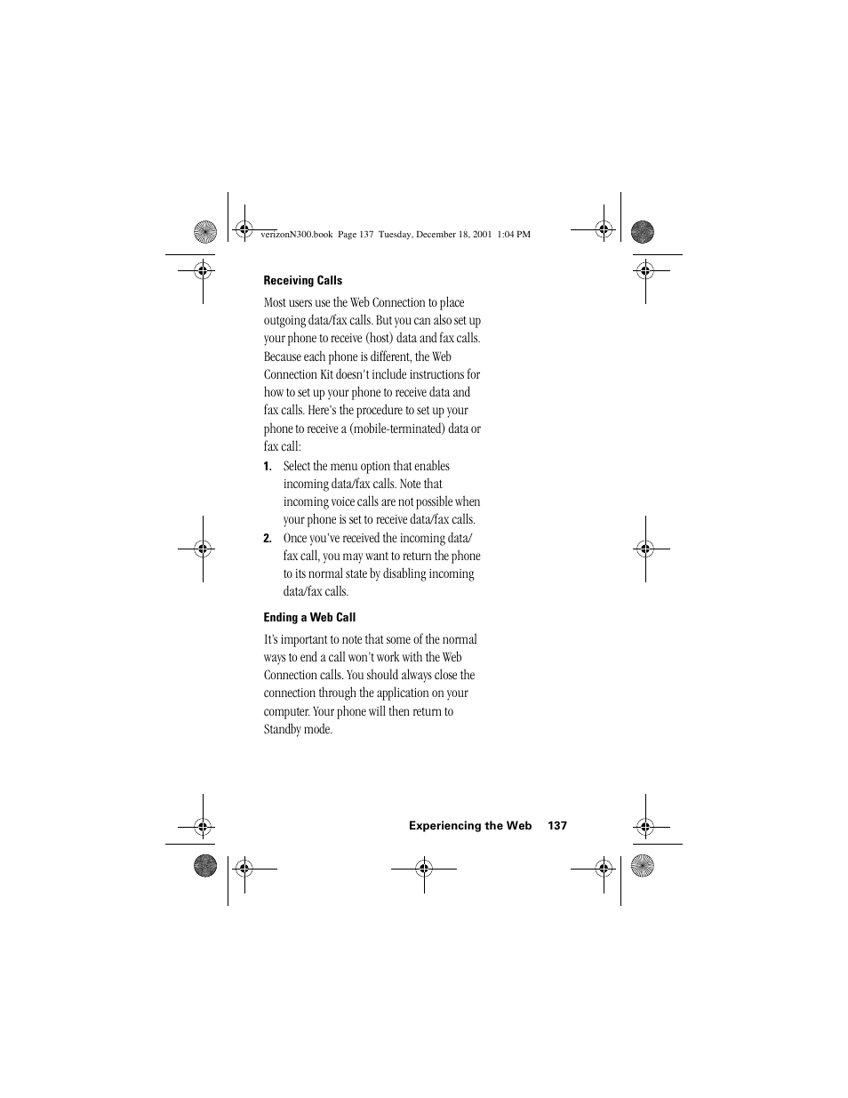 Heading 3 - receiving calls, Heading 3 - ending a web call | Samsung SCH-N300 User Manual | Page 137 / 198