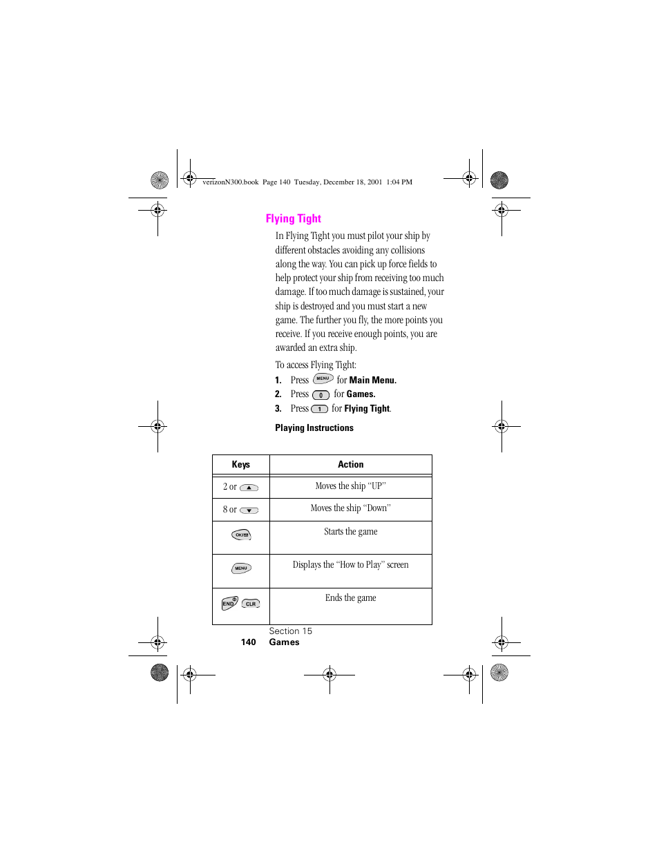 Heading 2 - flying tight, Heading 3 - playing instructions, Flying tight | Samsung SCH-N300 User Manual | Page 140 / 198