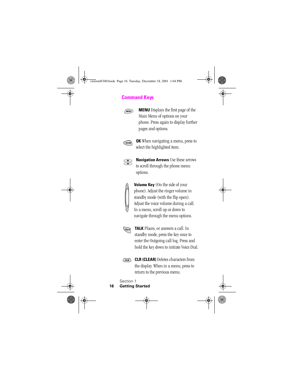 Heading 2 - command keys, Command keys | Samsung SCH-N300 User Manual | Page 16 / 198