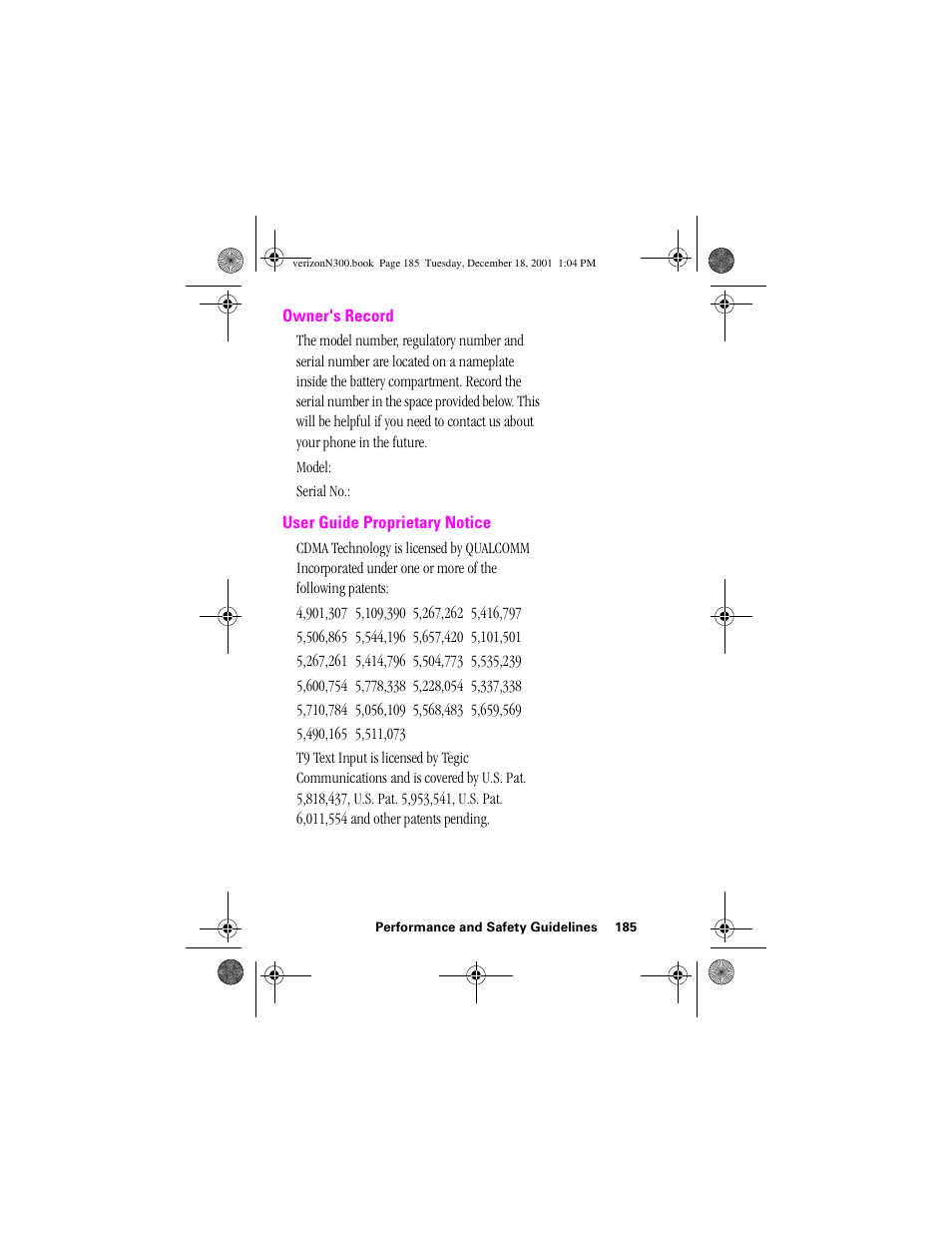 Heading 2 - owner's record, Heading 2 - user guide proprietary notice, Owner's record user guide proprietary notice | Samsung SCH-N300 User Manual | Page 185 / 198