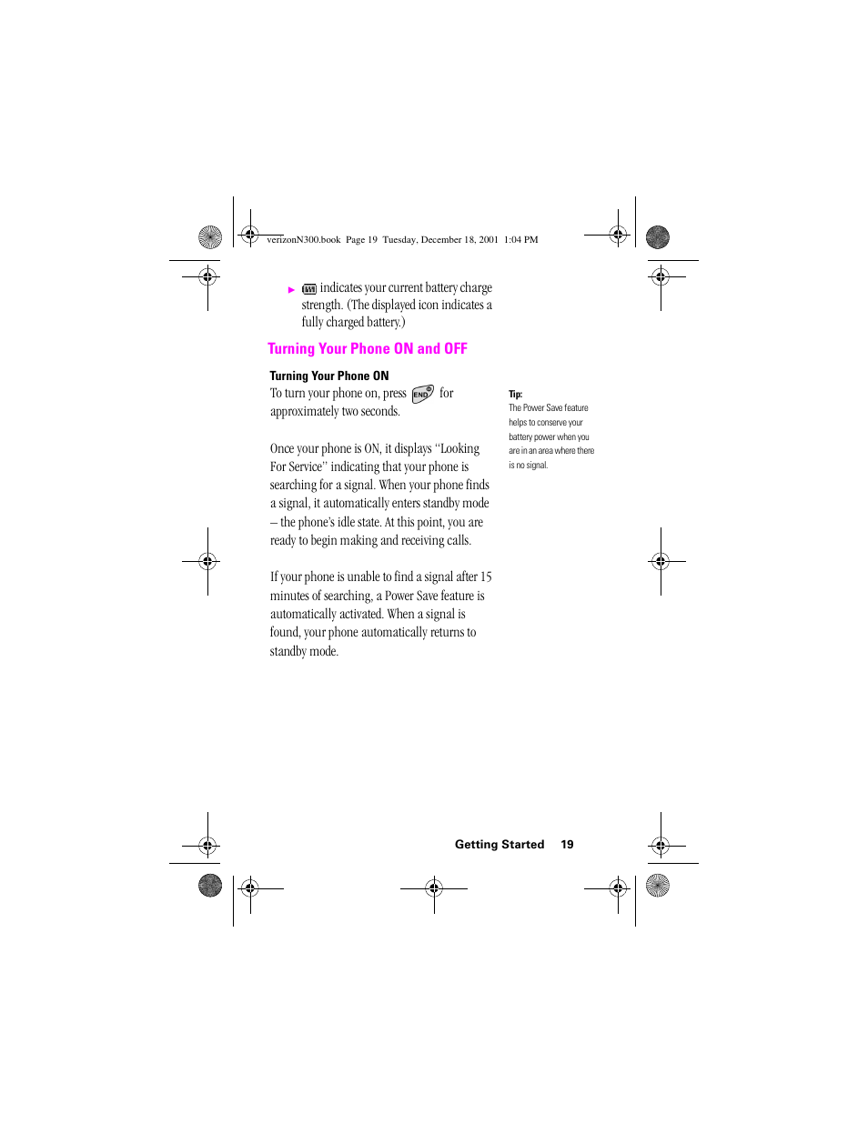 Heading 2 - turning your phone on and off, Heading 3 - turning your phone on, Turning your phone on and off | Samsung SCH-N300 User Manual | Page 19 / 198