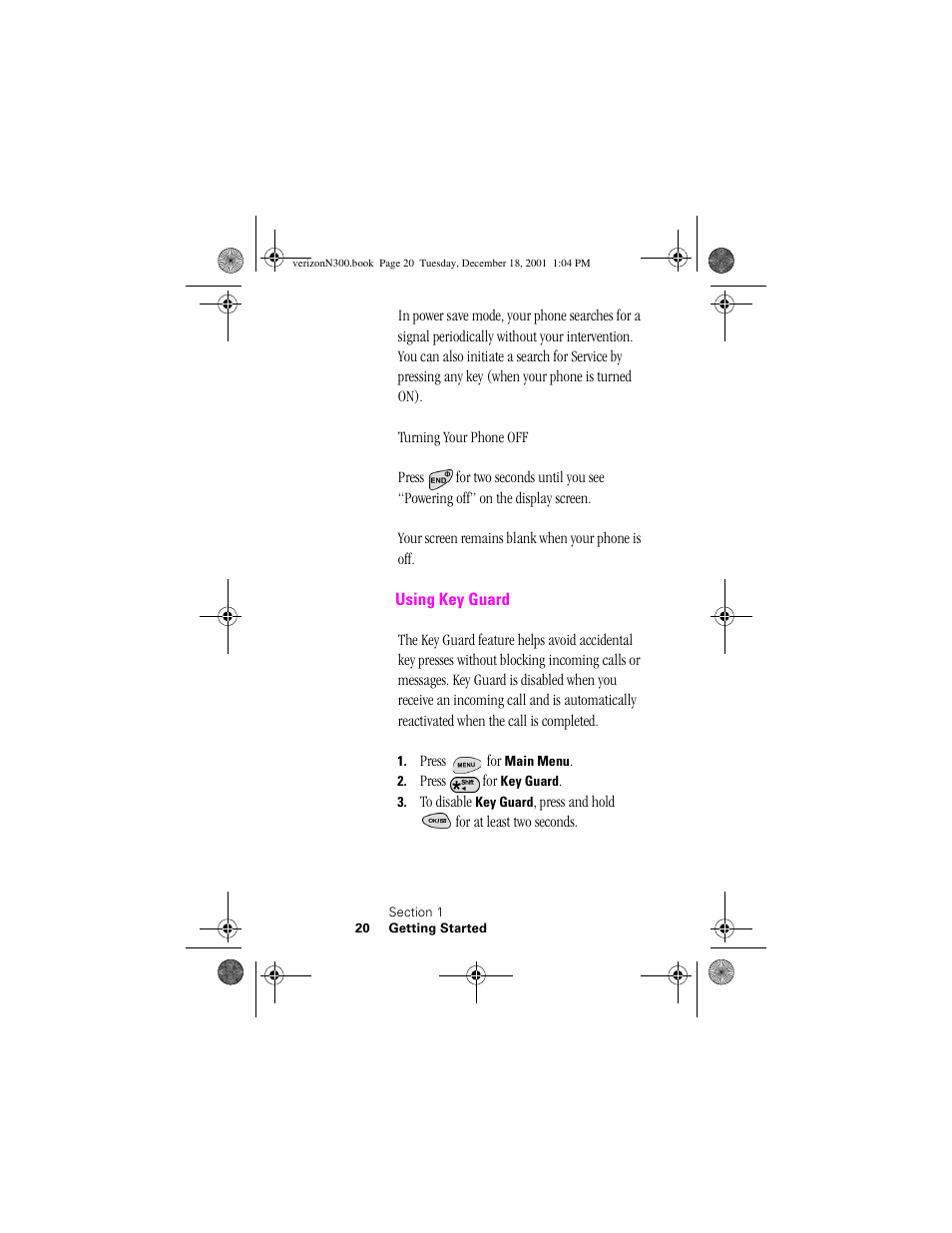 Heading 2 - using key guard, Using key guard | Samsung SCH-N300 User Manual | Page 20 / 198