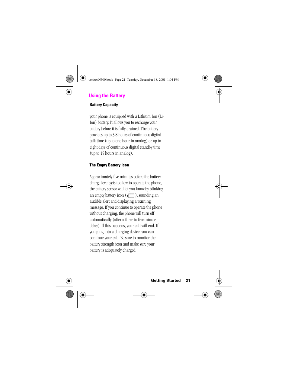 Heading 2 - using the battery, Heading 3 - battery capacity, Heading 3 - the empty battery icon | Using the battery | Samsung SCH-N300 User Manual | Page 21 / 198