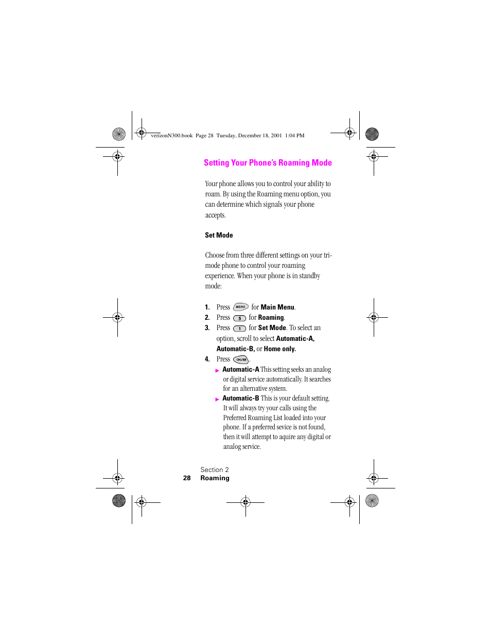 Heading 2 - setting your phone’s roaming mode, Heading 3 - set mode, Setting your phone’s roaming mode | Samsung SCH-N300 User Manual | Page 28 / 198