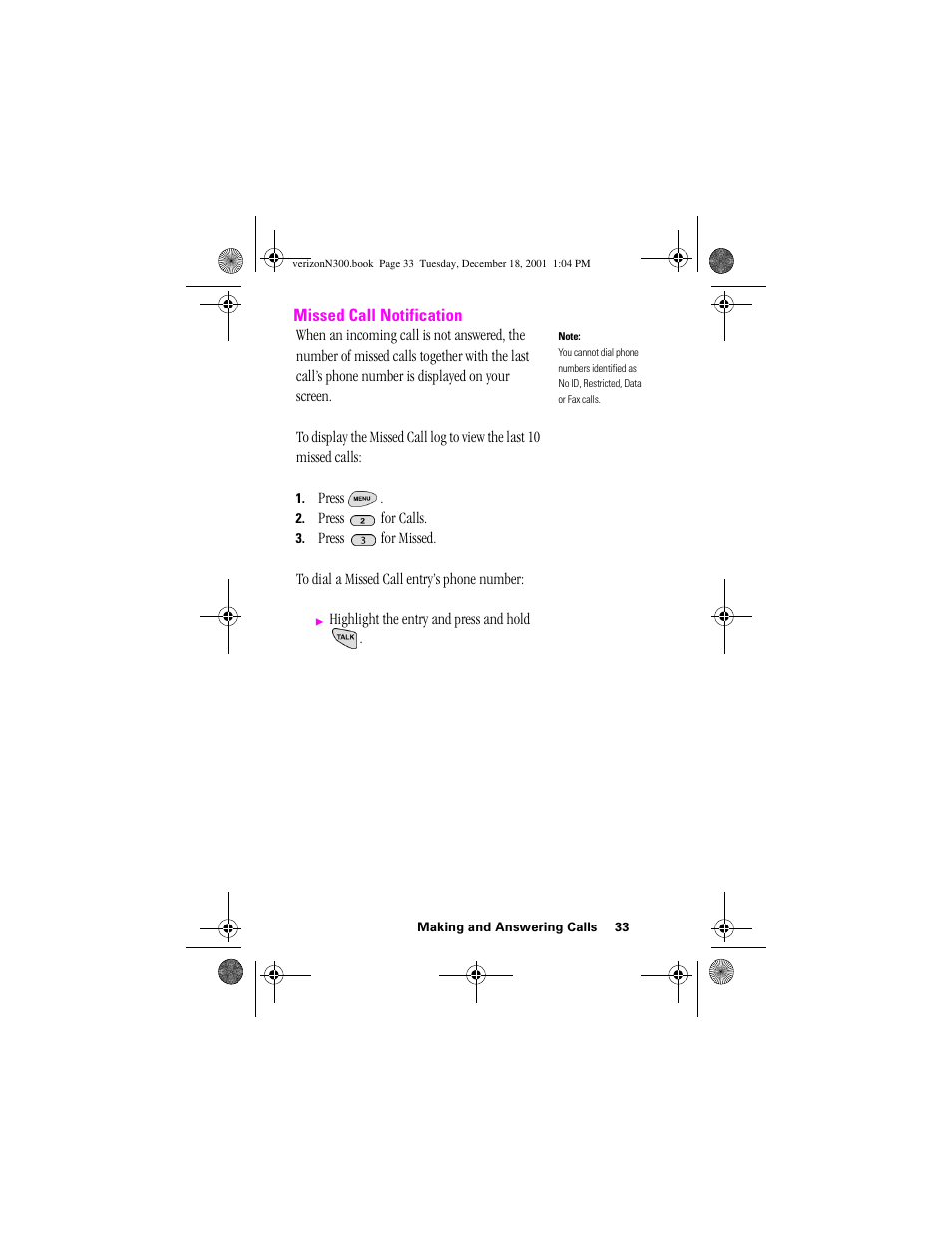 Heading 2 - missed call notification, Missed call notification | Samsung SCH-N300 User Manual | Page 33 / 198