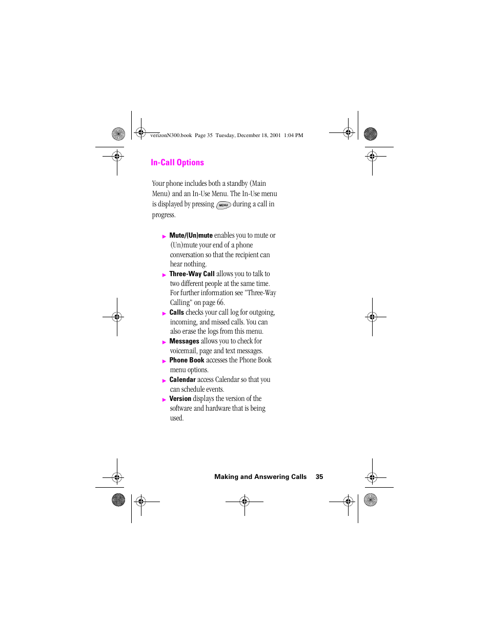 Heading 2 - in-call options, In-call options | Samsung SCH-N300 User Manual | Page 35 / 198