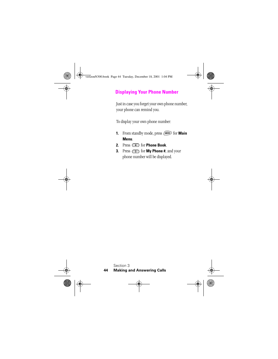 Heading 2 - displaying your phone number, Displaying your phone number | Samsung SCH-N300 User Manual | Page 44 / 198