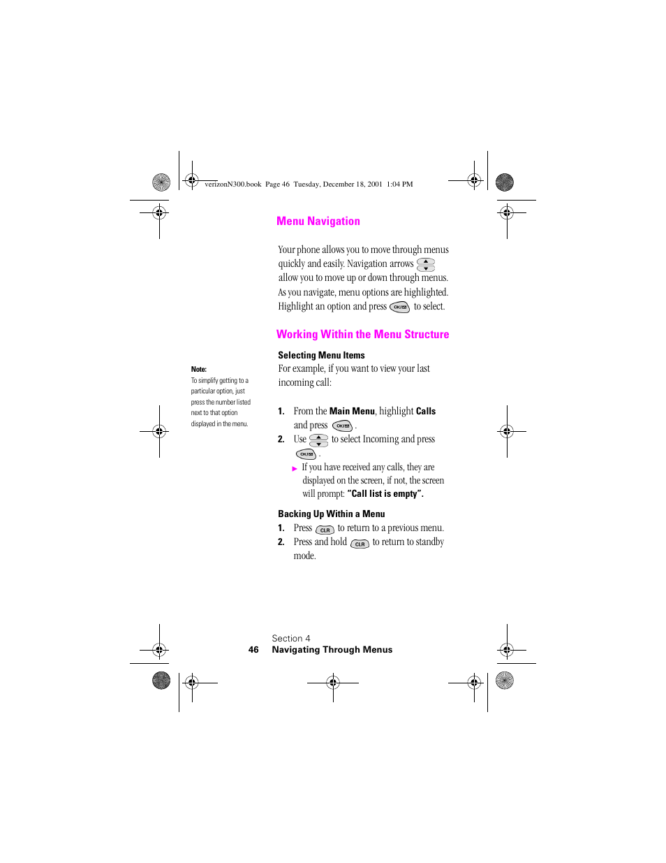 Heading 2 - menu navigation, Heading 2 - working within the menu structure, Heading 3 - selecting menu items | Heading 3 - backing up within a menu, Menu navigation working within the menu structure | Samsung SCH-N300 User Manual | Page 46 / 198