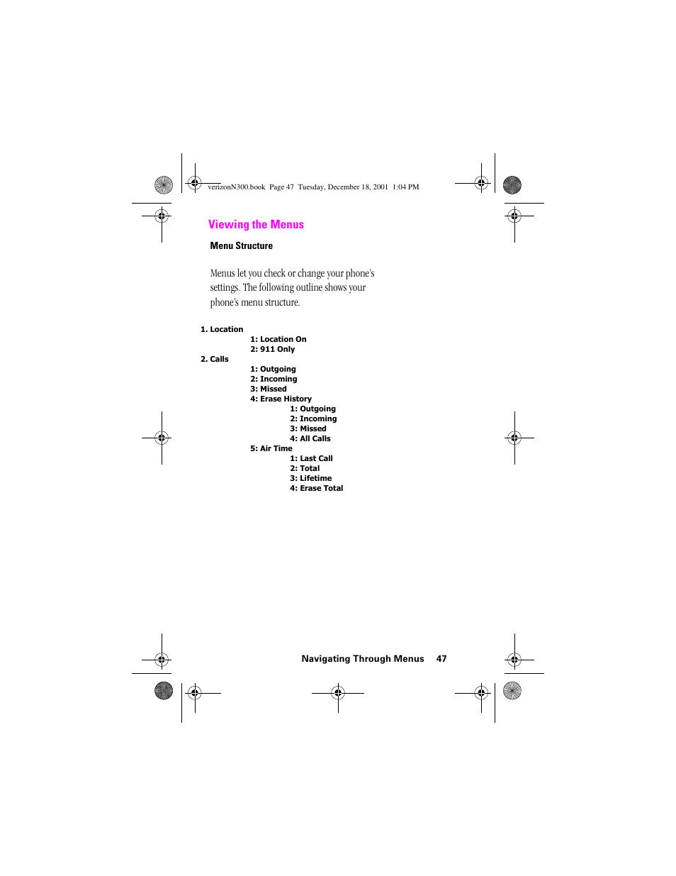 Heading 2 - viewing the menus, Heading 3 - menu structure, Viewing the menus | Samsung SCH-N300 User Manual | Page 47 / 198