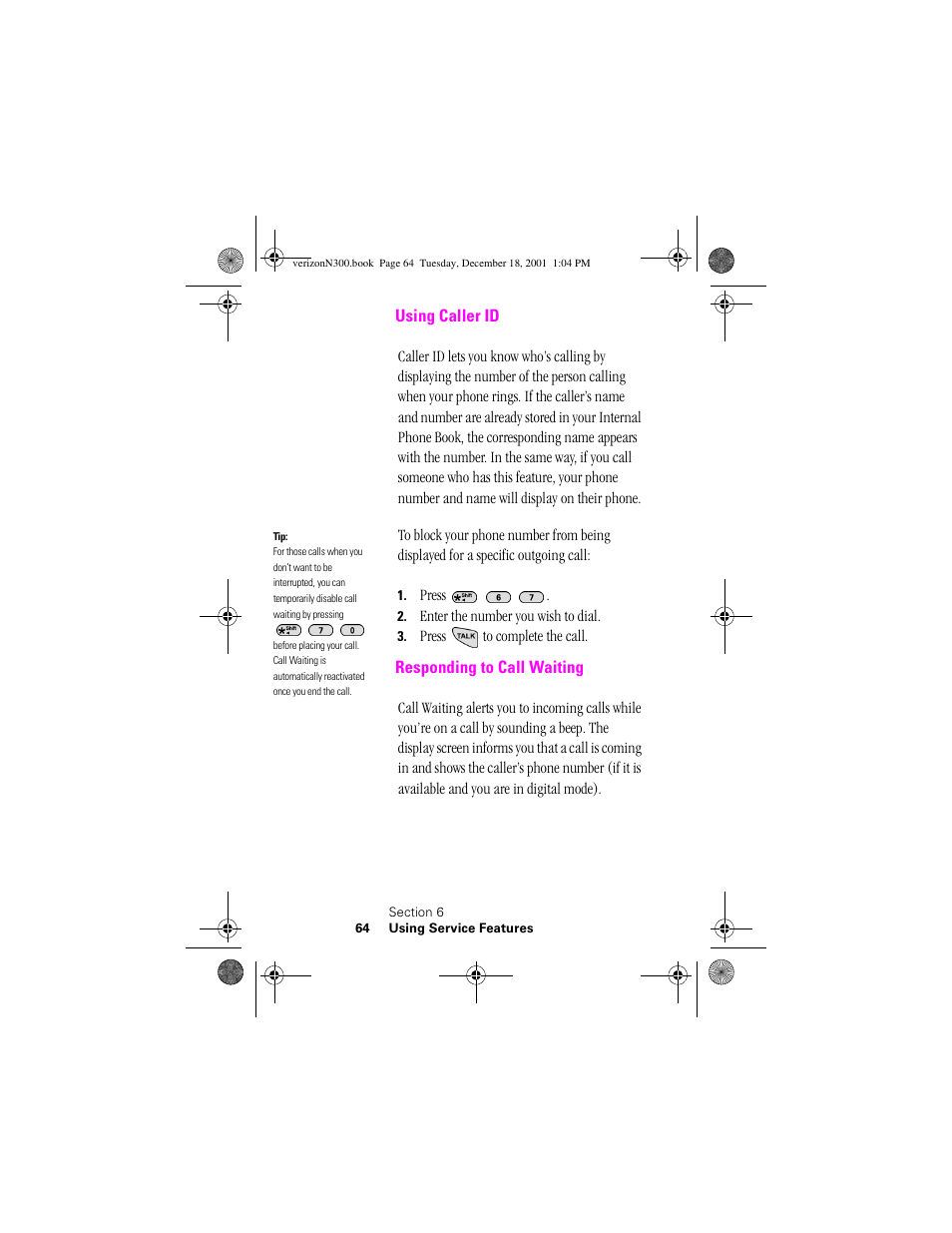 Heading 2 - using caller id, Heading 2 - responding to call waiting, Using caller id responding to call waiting | Using caller id, Responding to call waiting | Samsung SCH-N300 User Manual | Page 64 / 198