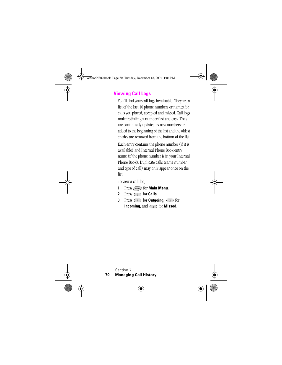 Heading 2 - viewing call logs, Viewing call logs | Samsung SCH-N300 User Manual | Page 70 / 198