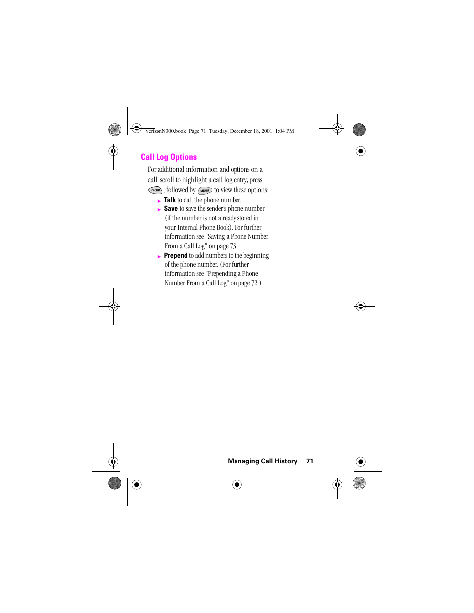 Heading 2 - call log options, Call log options | Samsung SCH-N300 User Manual | Page 71 / 198