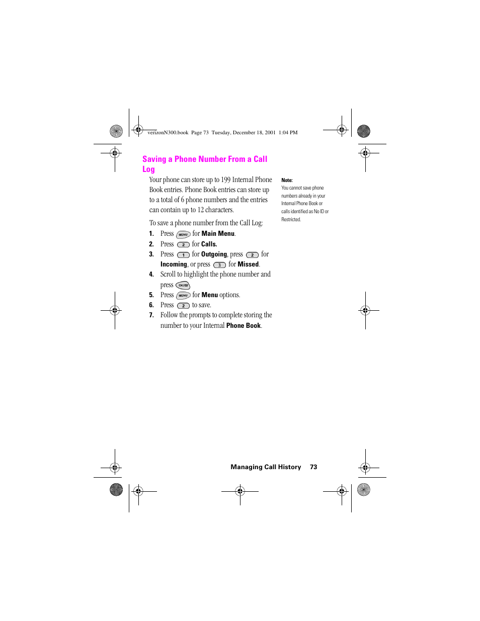 Heading 2 - saving a phone number from a call log, Saving a phone number from a call log | Samsung SCH-N300 User Manual | Page 73 / 198