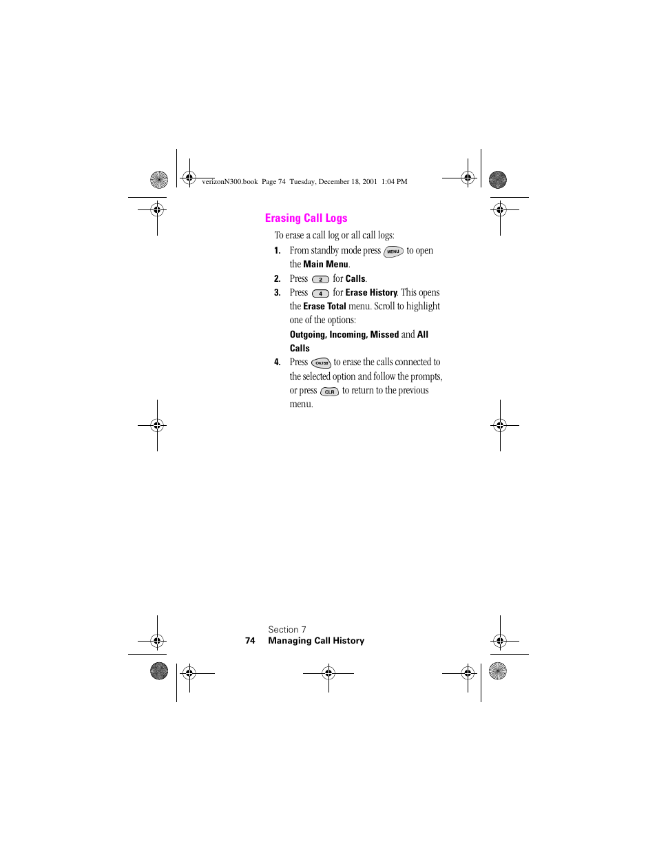 Heading 2 - erasing call logs, Erasing call logs | Samsung SCH-N300 User Manual | Page 74 / 198