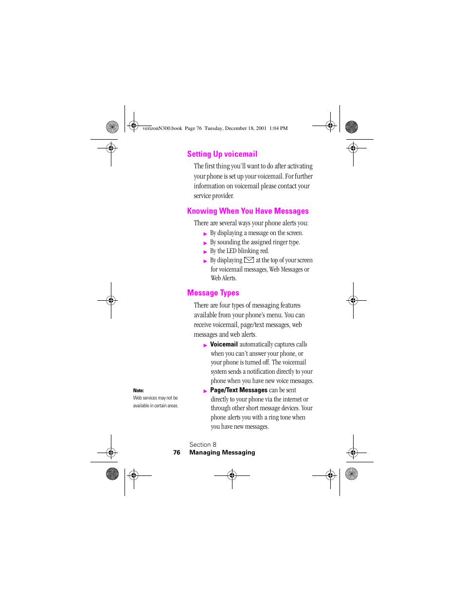 Heading 2 - setting up voicemail, Heading 2 - knowing when you have messages, Heading 2 - message types | Setting up voicemail, Knowing when you have messages, Message types | Samsung SCH-N300 User Manual | Page 76 / 198