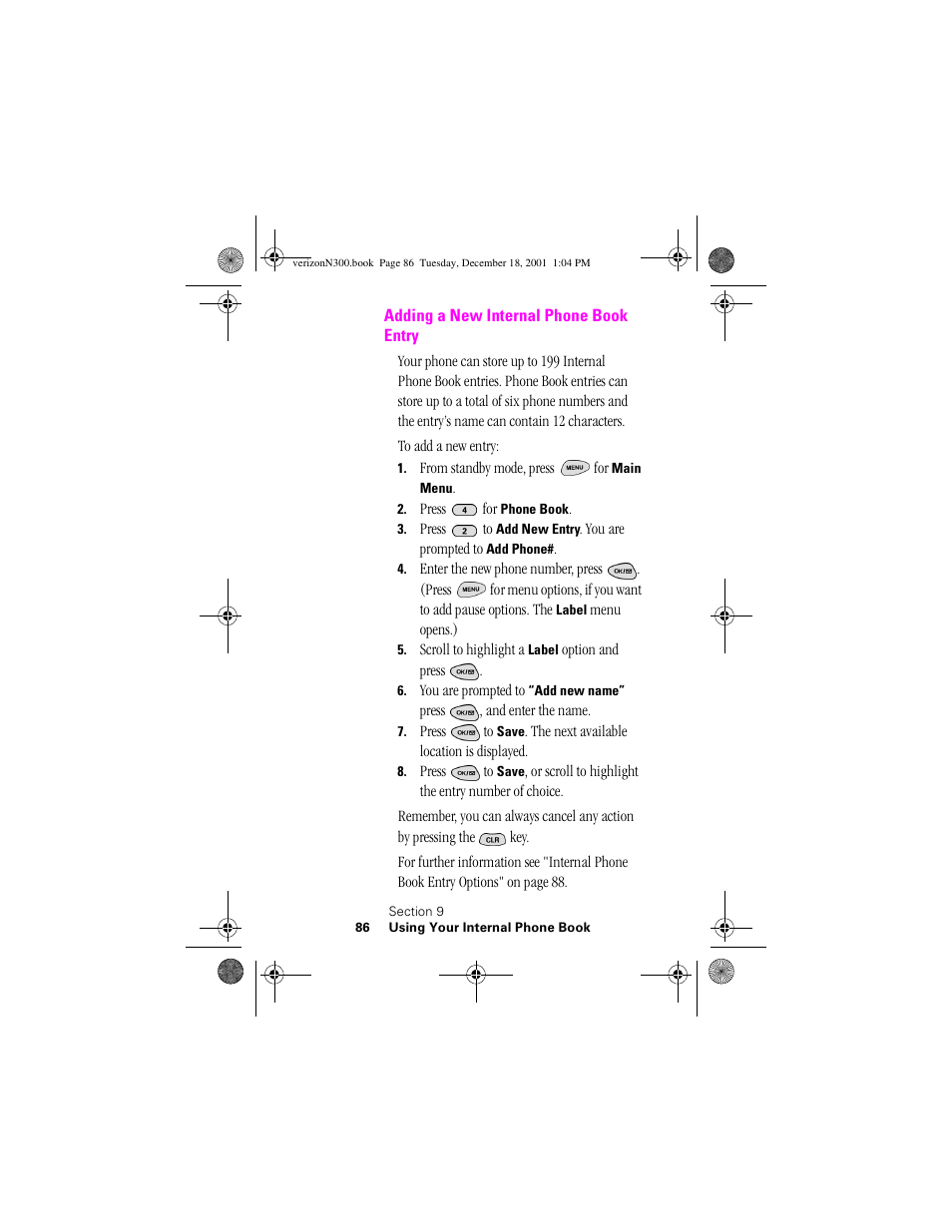 Heading 2 - adding a new internal phone book entry, Adding a new internal phone book entry | Samsung SCH-N300 User Manual | Page 86 / 198