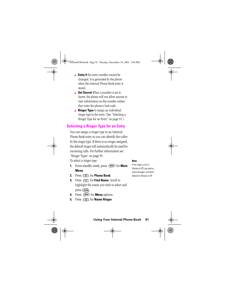 Heading 2 - selecting a ringer type for an entry, Selecting a ringer type for an entry | Samsung SCH-N300 User Manual | Page 91 / 198