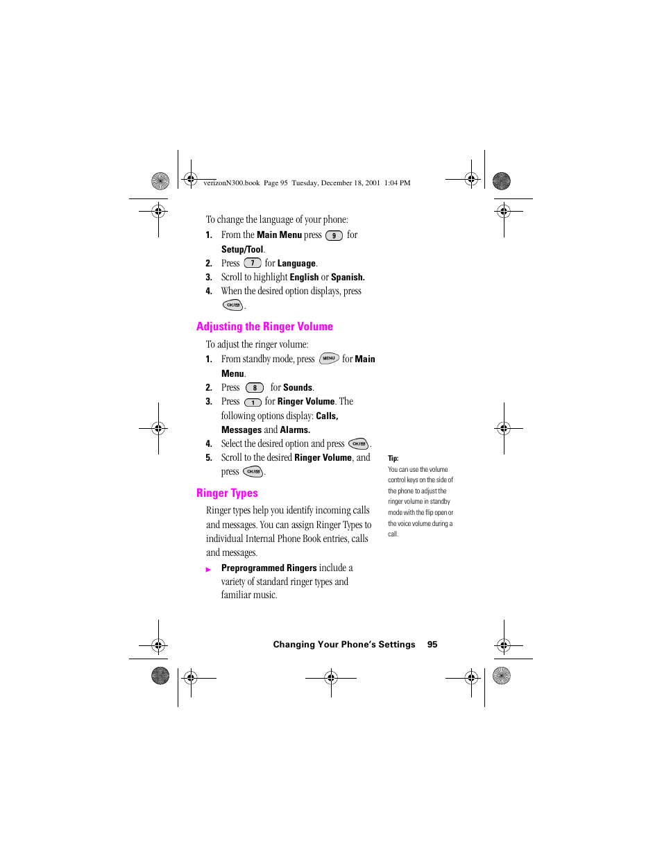 Heading 2 - adjusting the ringer volume, Heading 2 - ringer types, Adjusting the ringer volume ringer types | Samsung SCH-N300 User Manual | Page 95 / 198