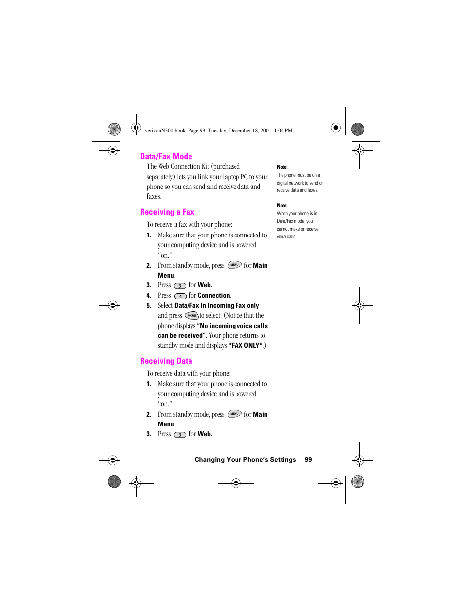 Heading 2 - data/fax mode, Heading 2 - receiving a fax, Heading 2 - receiving data | Data/fax mode receiving a fax receiving data | Samsung SCH-N300 User Manual | Page 99 / 198