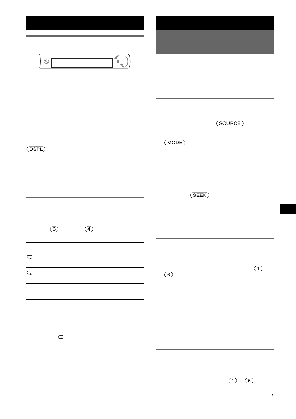 Voci del display, Riproduzione ripetuta e in ordine casuale, Radio | Memorizzazione e ricezione delle stazioni, Memorizzazione automatica - btm, Memorizzazione manuale, Ricezione delle stazioni memorizzate, Memorizzazione automatica, Shuf 7 | Sony CDX-GT212 User Manual | Page 53 / 80