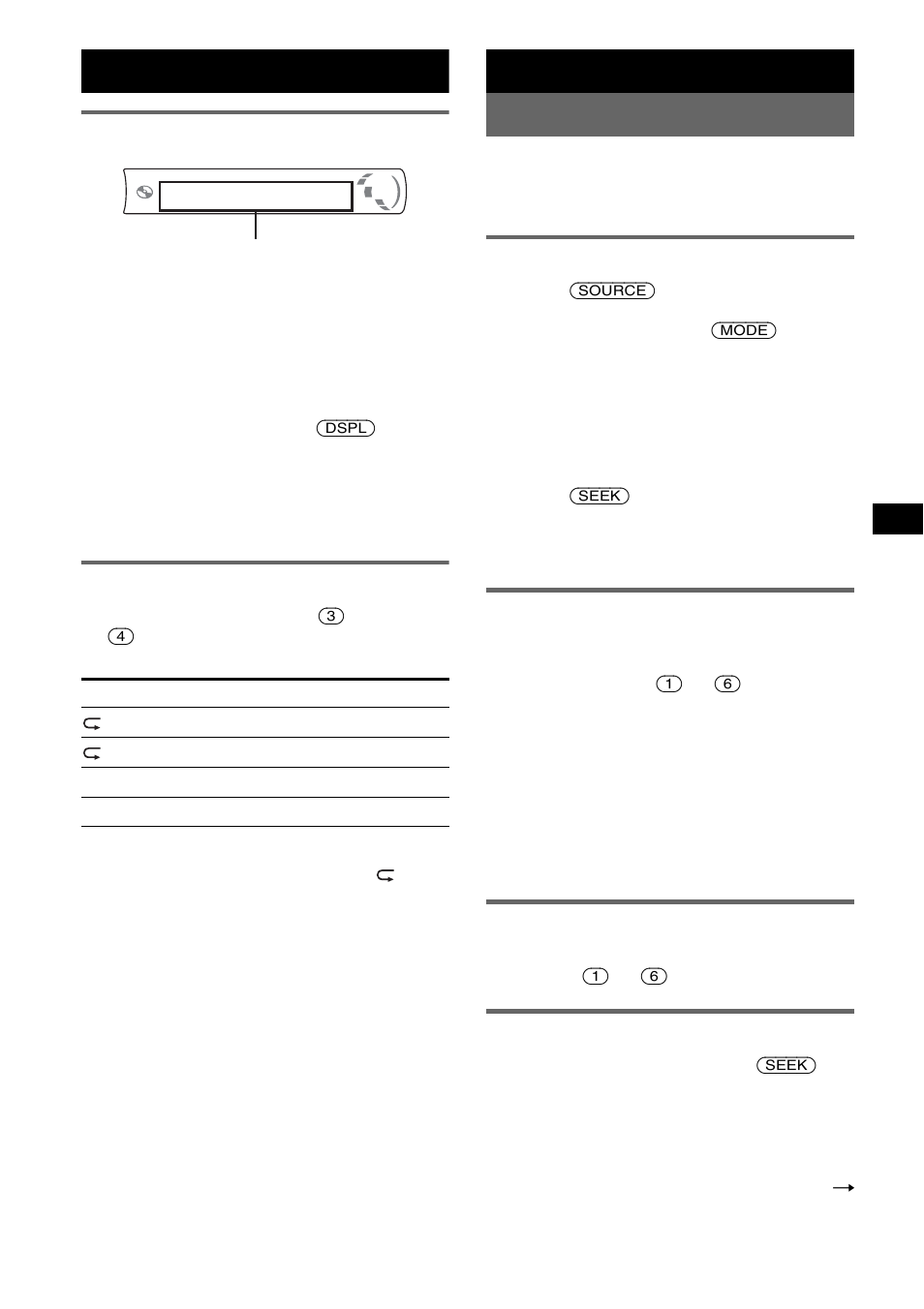 Display items, Repeat and shuffle play, Radio | Storing and receiving stations, Storing automatically - btm, Storing manually, Receiving the stored stations, Tuning automatically, Display items repeat and shuffle play, Shuf 7 | Sony CDX-GT212 User Manual | Page 7 / 80