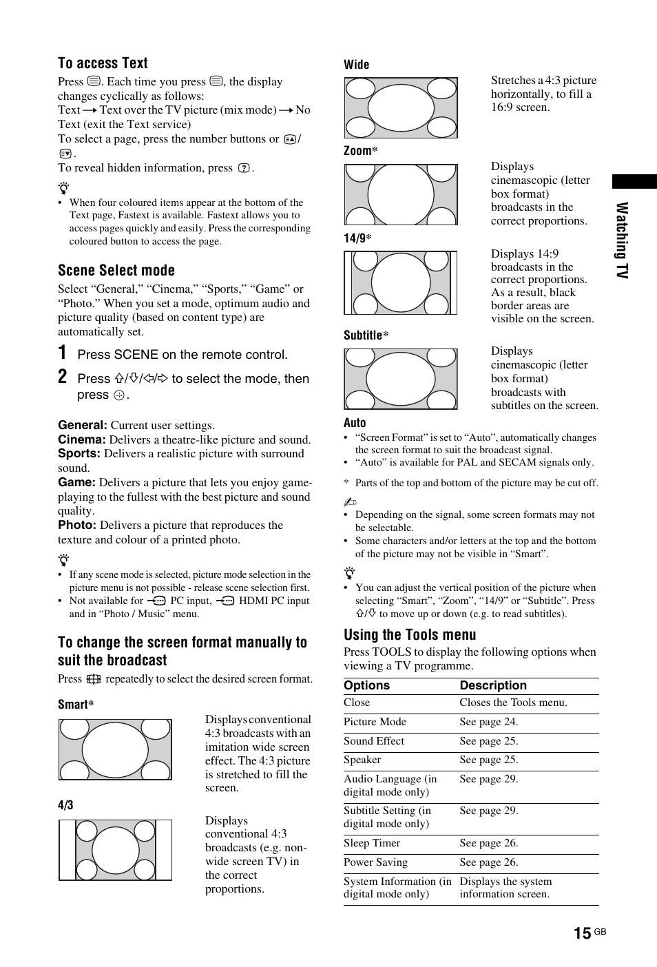 Wat chi ng t v to access text, Scene select mode, Using the tools menu | Sony BRAVIA KDL-26P55xx User Manual | Page 15 / 40