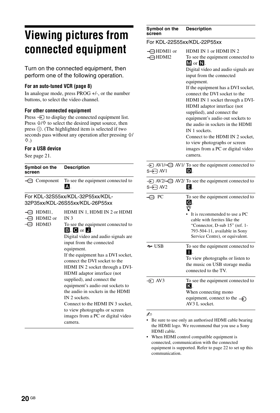 Viewing pictures from connected equipment | Sony BRAVIA KDL-26P55xx User Manual | Page 20 / 40