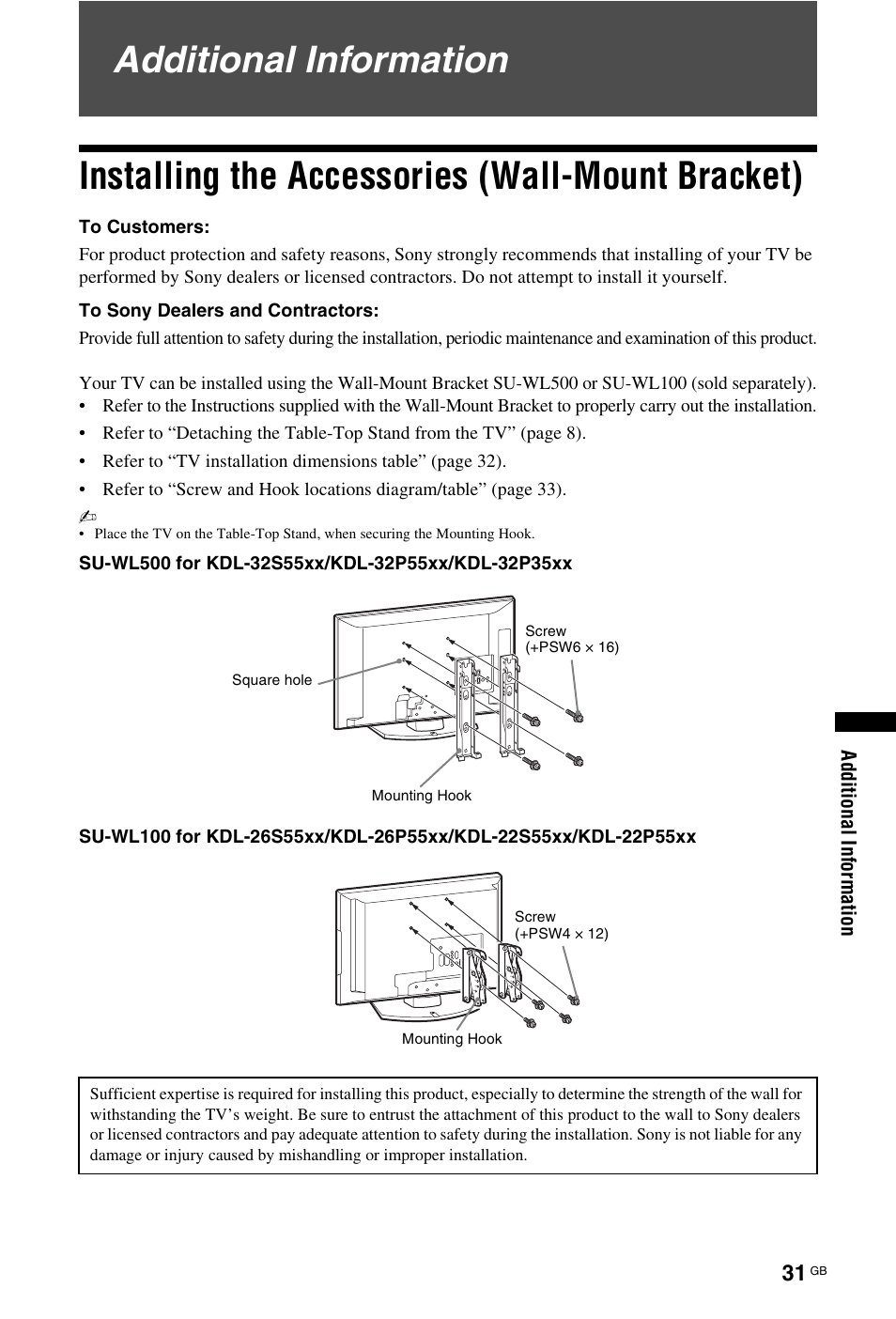 Additional information, Installing the accessories (wall-mount bracket) | Sony BRAVIA KDL-26P55xx User Manual | Page 31 / 40