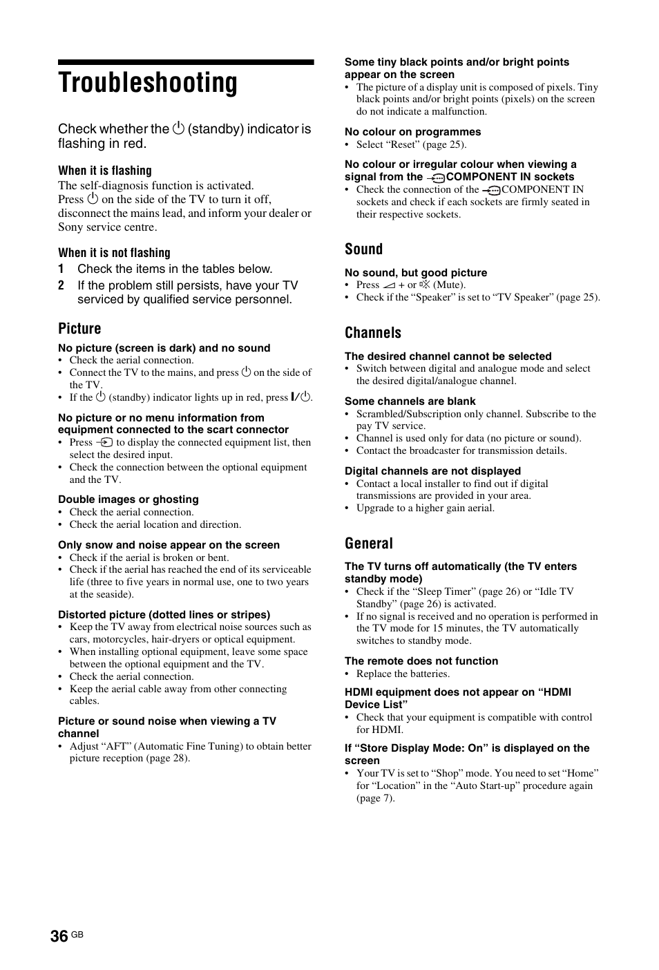Troubleshooting, Picture, Sound | Channels, General | Sony BRAVIA KDL-26P55xx User Manual | Page 36 / 40