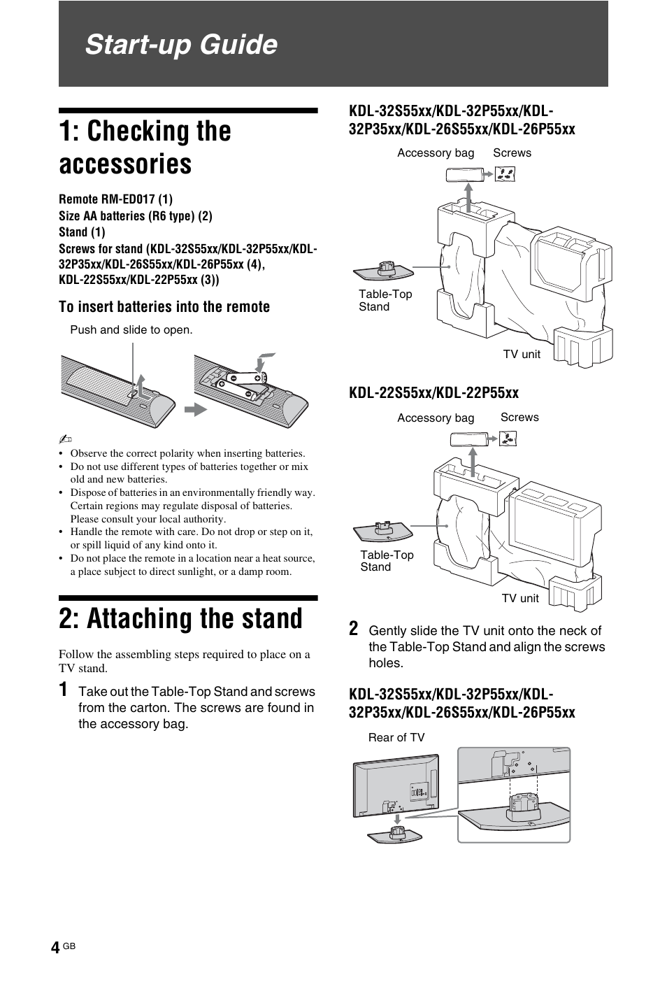 Start-up guide, Start-up guide 1: checking the accessories, Attaching the stand | Sony BRAVIA KDL-26P55xx User Manual | Page 4 / 40