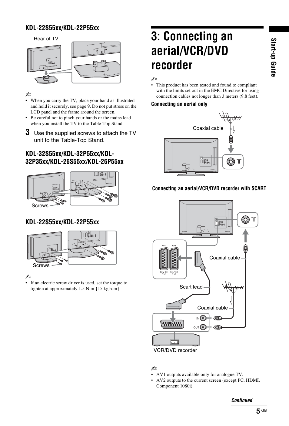 Connecting an aerial/vcr/dvd recorder | Sony BRAVIA KDL-26P55xx User Manual | Page 5 / 40