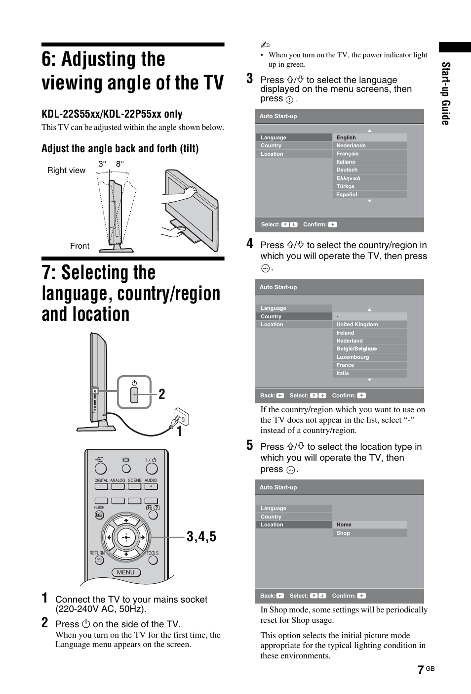 Adjusting the viewing angle of the tv, St art -u p gui d e, Adjust the angle back and forth (tilt) | Sony BRAVIA KDL-26P55xx User Manual | Page 7 / 40