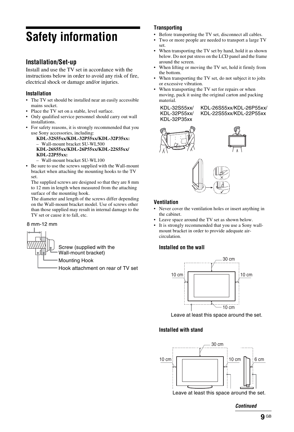 Safety information, Installation/set-up | Sony BRAVIA KDL-26P55xx User Manual | Page 9 / 40