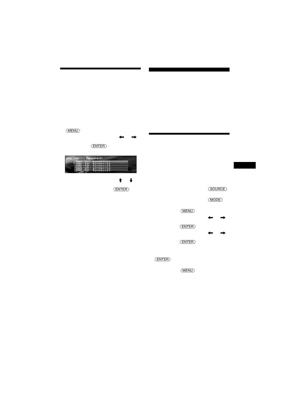 Recherche d’un disque par son nom, Disc list (liste de disques), Radio | Mémorisation automatique des stations, Btm (mémorisation des meilleurs accords) | Sony 2-581-922-11 User Manual | Page 103 / 218