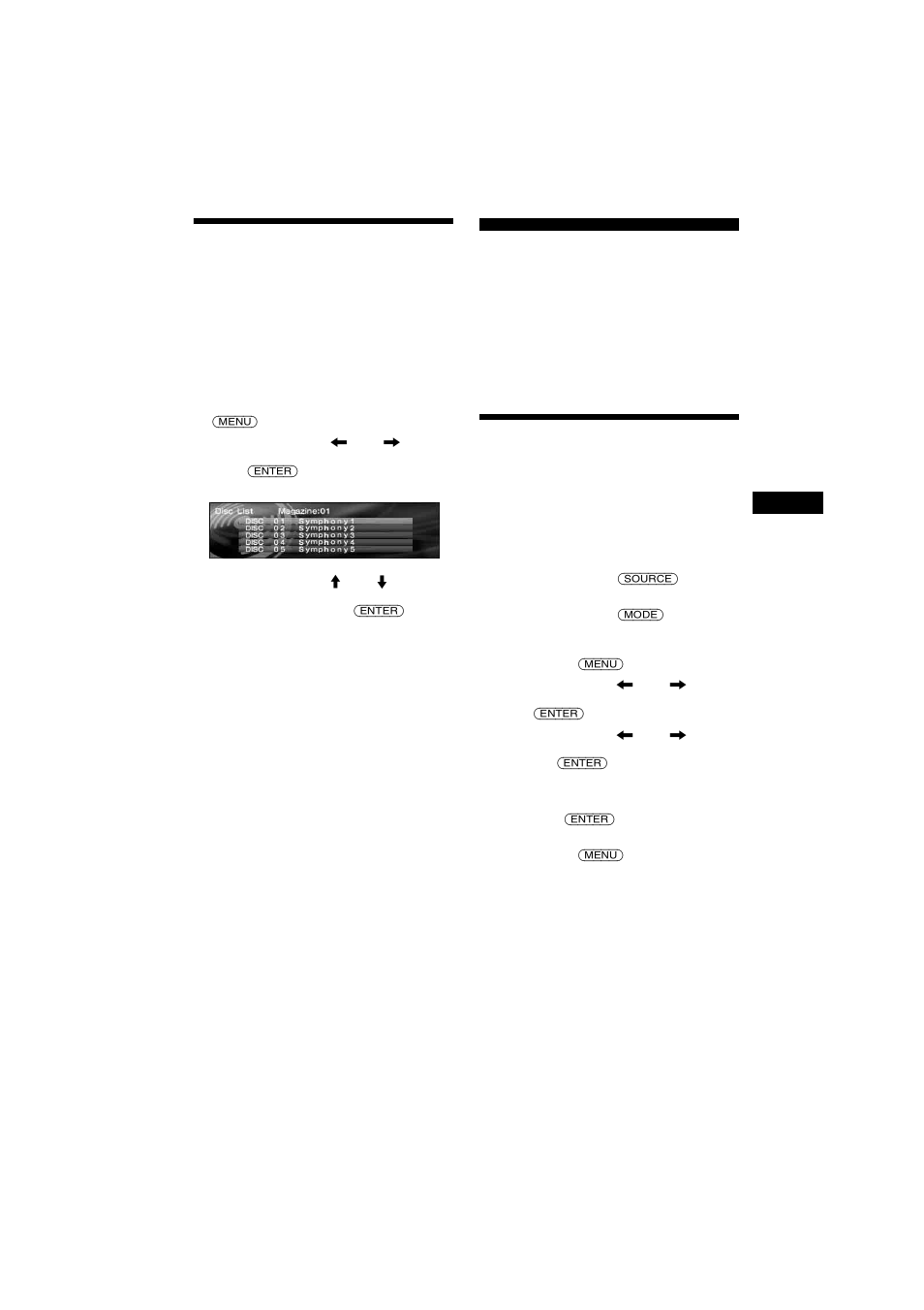 Ansteuern einer cd/md anhand des namens, Disc list, Radio | Automatisches speichern von radiosendern, Btm (best tuning memory) | Sony 2-581-922-11 User Manual | Page 57 / 218