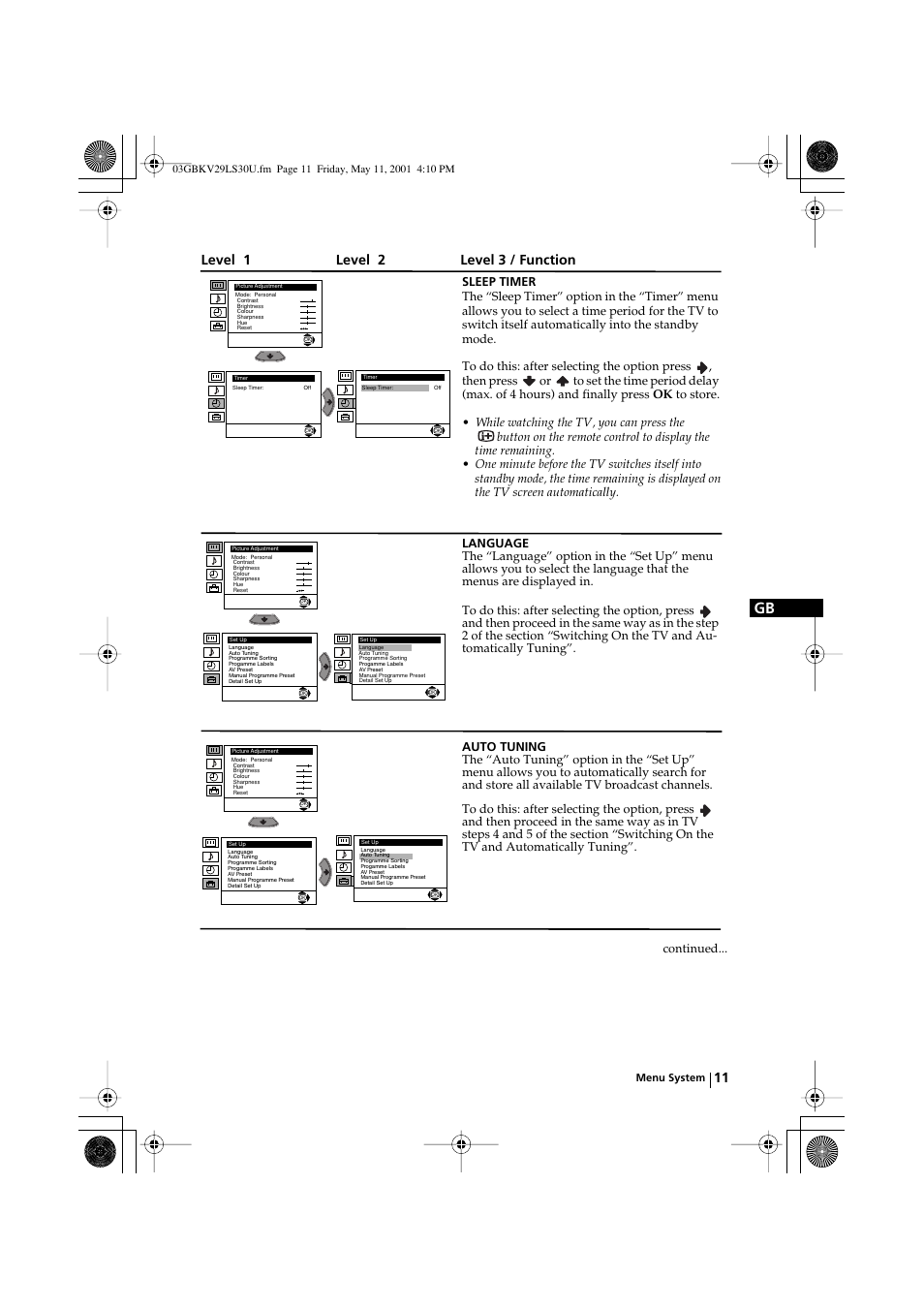 Level 1 level 2 level 3 / function, Continued | Sony FD Trinitron KV-29LS30U User Manual | Page 11 / 23