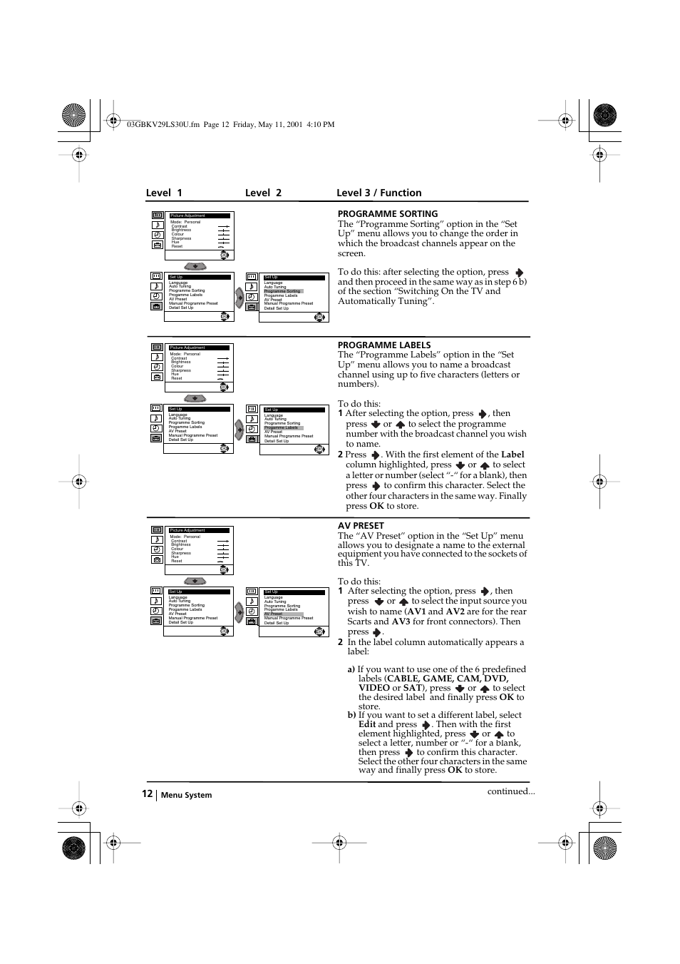 Level 1 level 2 level 3 / function | Sony FD Trinitron KV-29LS30U User Manual | Page 12 / 23