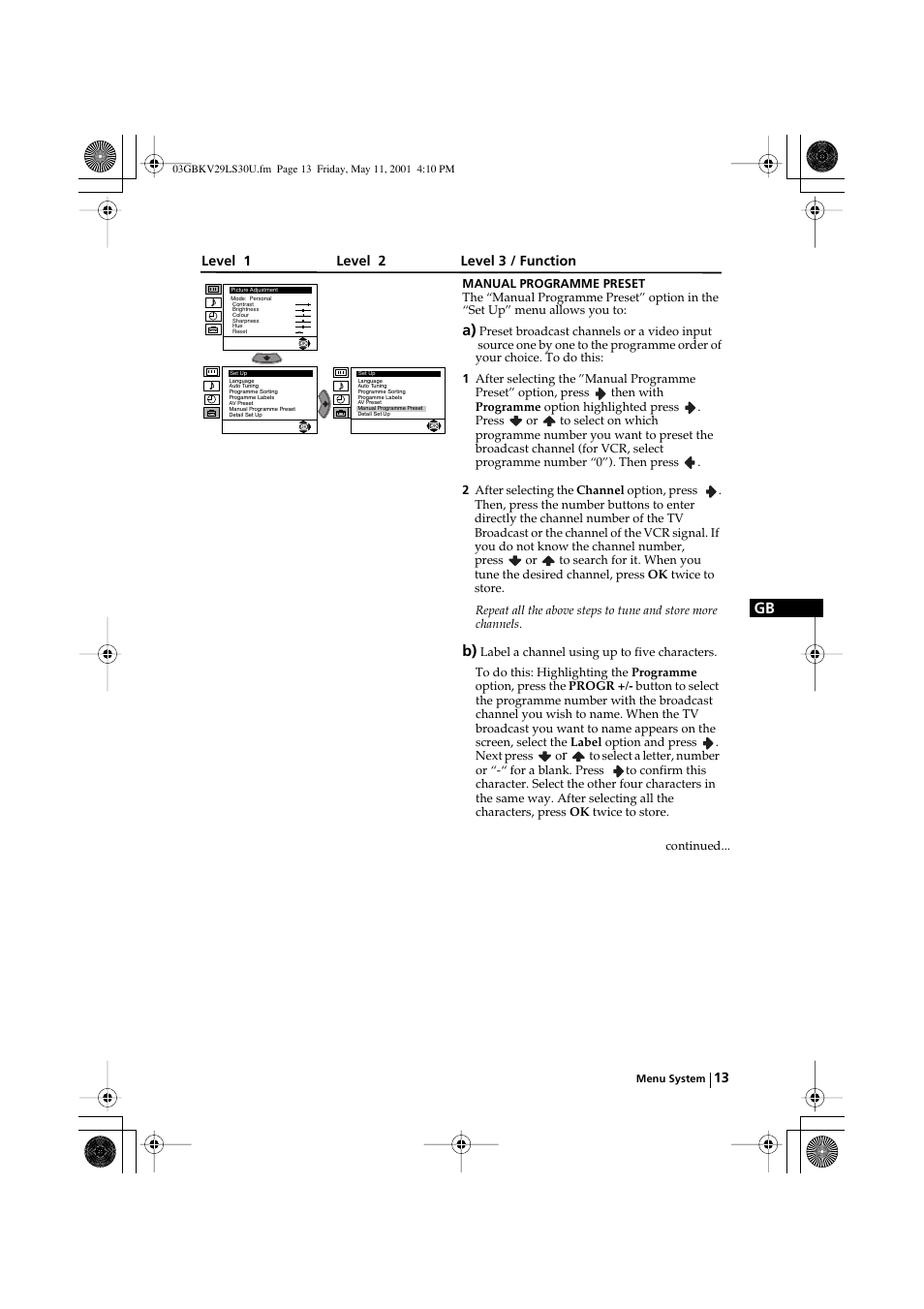 Level 1 level 2 level 3 / function | Sony FD Trinitron KV-29LS30U User Manual | Page 13 / 23