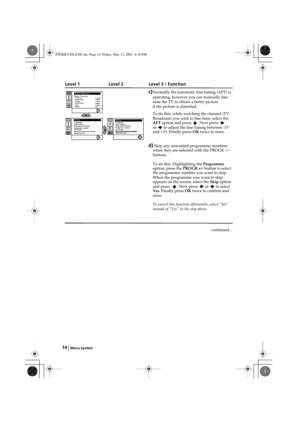 Level 1 level 2 level 3 / function | Sony FD Trinitron KV-29LS30U User Manual | Page 14 / 23