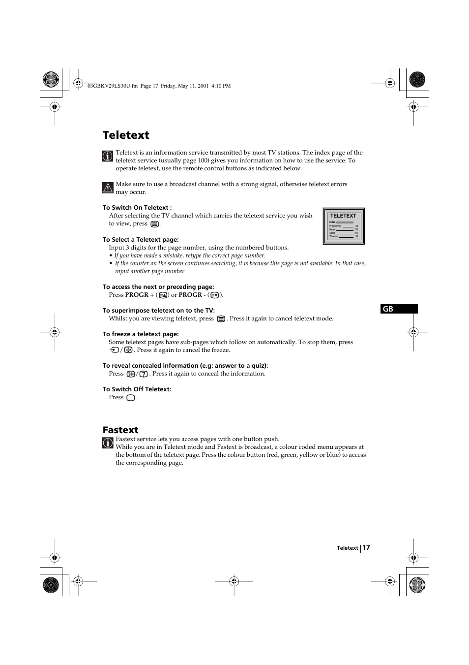 Teletext, Fastext | Sony FD Trinitron KV-29LS30U User Manual | Page 17 / 23