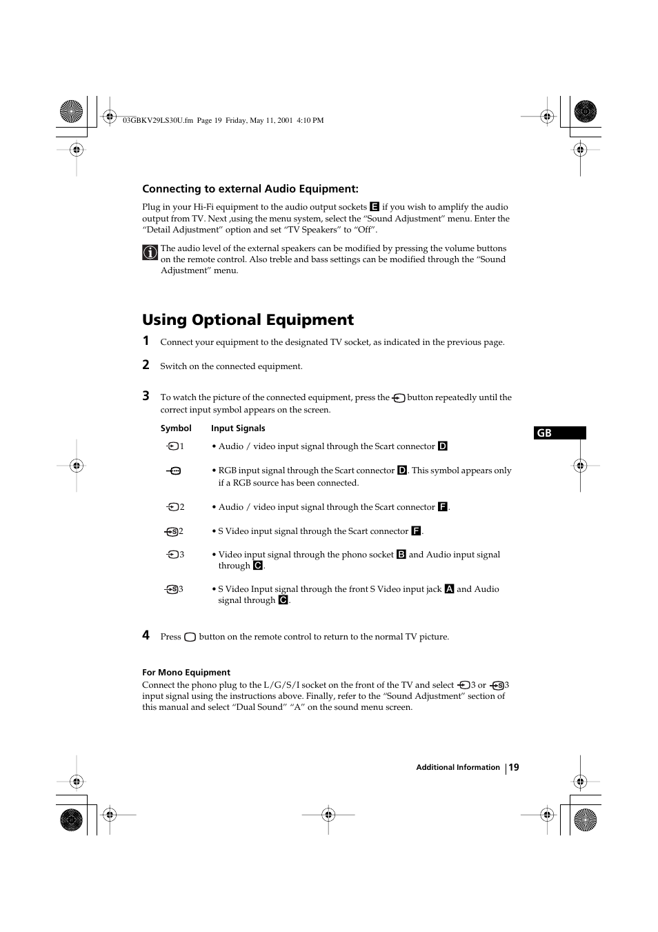 Using optional equipment | Sony FD Trinitron KV-29LS30U User Manual | Page 19 / 23
